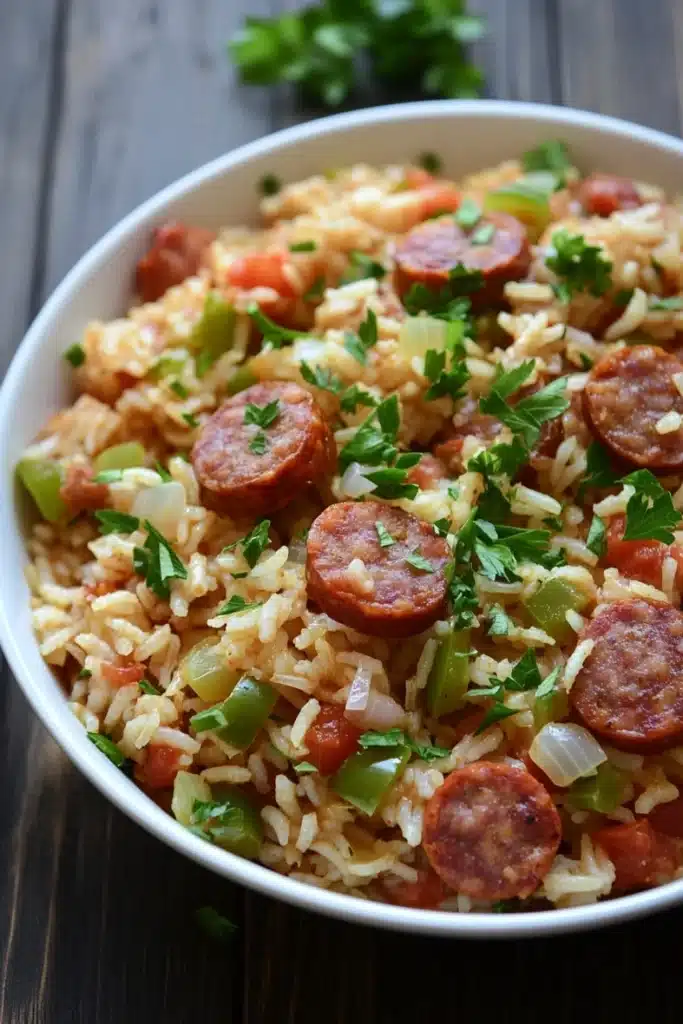 One pot rice with sausage - the image is a close-up of a dish in a white bowl. the dish appears to be a type of rice or jambalaya, with chunks of sausage and vegetables mixed in. the sausage is cut into small cubes and is arranged in a circular pattern on top of the rice. the vegetables include bell peppers, onions, and bell peppers. there are also some chopped parsley scattered throughout the dish, adding a pop of green color to the dish. the bowl is sitting on a wooden table, and there is a sprig of parsley on the side.