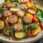 One pot sausage bake - the image is a close-up of a plate of food. the plate is round and has a speckled pattern. on top of the plate, there are several small pieces of sausage arranged in a circular pattern. the sausage is golden brown and appears to be seasoned with herbs and spices. below the sausage, there is a bed of mixed vegetables, including potatoes, carrots, and bell peppers. the vegetables are bright red and yellow, and there are also some green leaves scattered throughout the dish. the dish is garnished with a sprinkle of parmesan cheese. the background is a dark grey countertop.