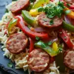 One pot sausage peppers and rice - the image shows a close-up of a dish made with rice and sausage. the dish is served on a black slate plate with a sprig of parsley on top. the rice is white and fluffy, and the sausage is cooked to a golden brown color. there are also sliced red and green bell peppers, red onions, and yellow bell peppers scattered throughout the dish. the sausage is cut into small cubes and appears to be seasoned with herbs and spices. the overall appearance of the dish is colorful and appetizing.