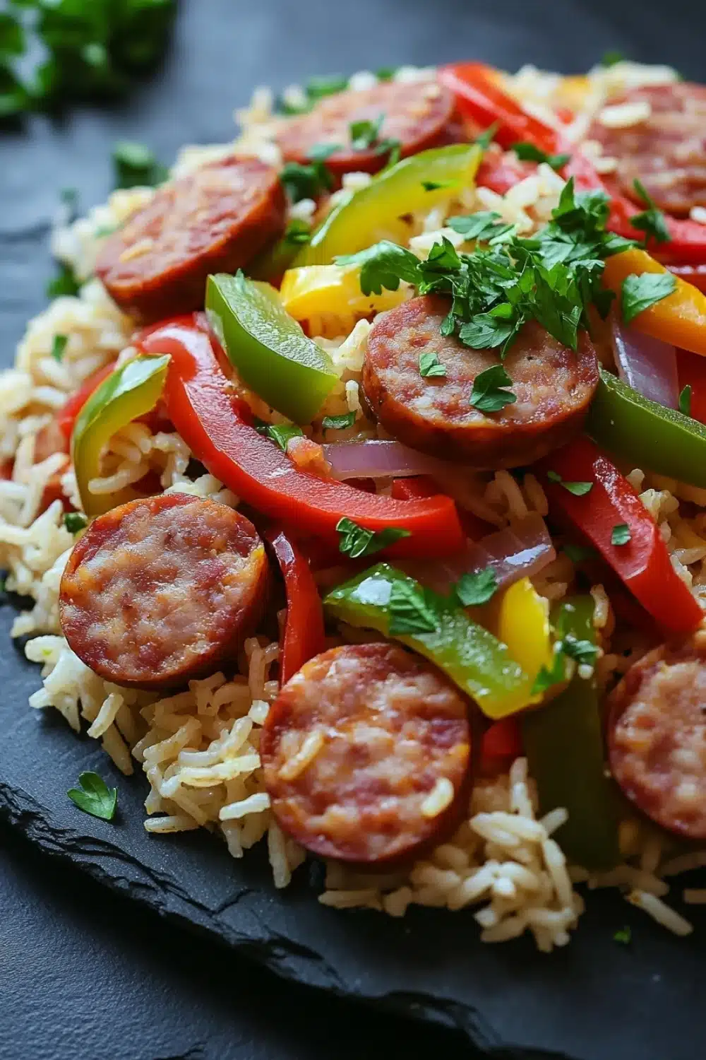 One pot sausage peppers and rice - the image shows a close-up of a dish made with rice and sausage. the dish is served on a black slate plate with a sprig of parsley on top. the rice is white and fluffy, and the sausage is cooked to a golden brown color. there are also sliced red and green bell peppers, red onions, and yellow bell peppers scattered throughout the dish. the sausage is cut into small cubes and appears to be seasoned with herbs and spices. the overall appearance of the dish is colorful and appetizing.