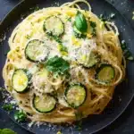 Pasta dinner with zucchini - the image shows a plate of spaghetti with zucchini and parmesan cheese on top. the spaghetti is cooked al dente and is garnished with fresh basil leaves. the plate is black and there is a slice of lemon on the side. the background is a dark grey textured surface. the overall presentation of the dish is elegant and appetizing.