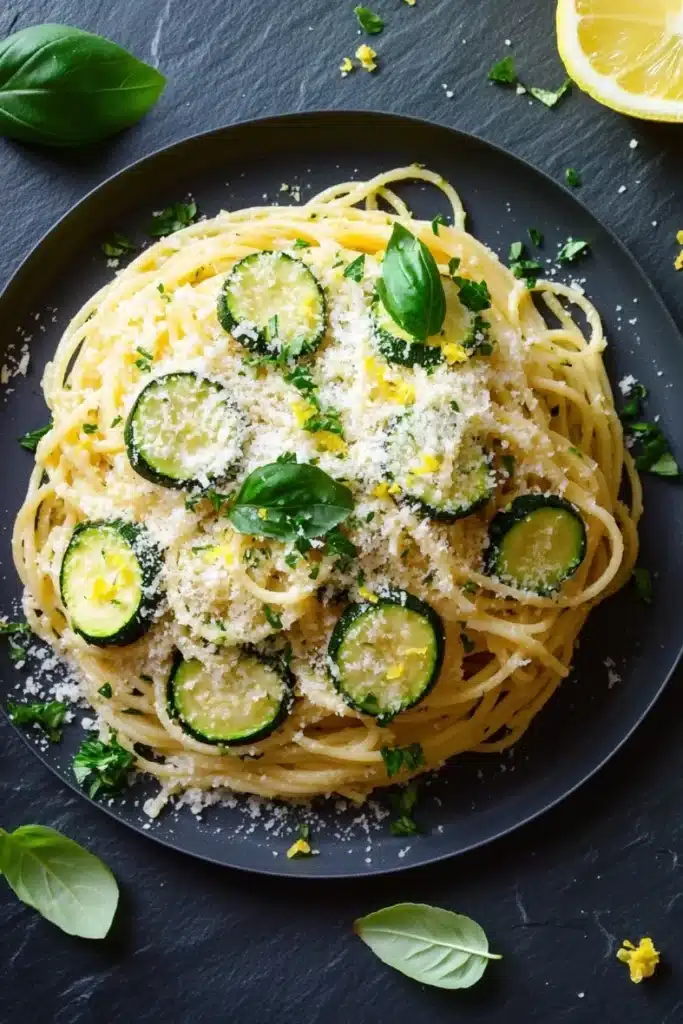 Pasta dinner with zucchini - the image shows a plate of spaghetti with zucchini and parmesan cheese on top. the spaghetti is cooked al dente and is garnished with fresh basil leaves. the plate is black and there is a slice of lemon on the side. the background is a dark grey textured surface. the overall presentation of the dish is elegant and appetizing.