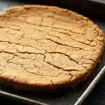 Peanut butter cookie crust dessert - the image shows a rectangular cookie on a black baking tray. the cookie appears to be freshly baked and has a crumbly texture. it is golden brown in color and looks soft and chewy. the tray is lined with parchment paper and there is a metal spatula resting on the side. the background is blurred, but it seems to be a kitchen countertop.