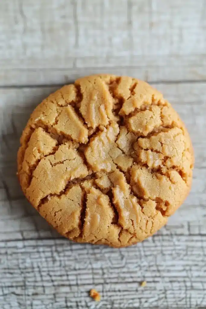 Peanut butter cookie no butter - the image is a close-up of a round cookie on a white textured surface. the cookie appears to be freshly baked and has a golden-brown color. it has a crumbly texture on the surface, with small pieces of peanut butter scattered around it. the background is blurred, making the cookie the focal point of the image.