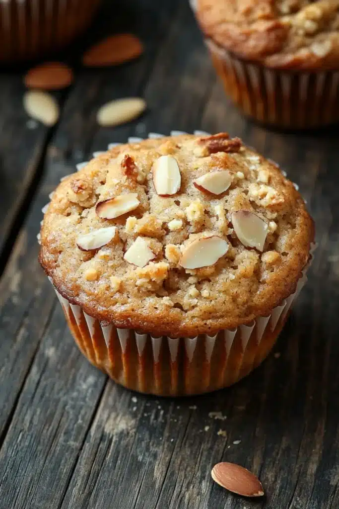 Protein muffin almond flour - the image shows a close-up of a freshly baked muffin on a wooden table. the muffin is golden brown in color and has a crumbly texture. it is topped with sliced almonds, giving it a crunchy appearance. there are a few scattered almonds around the muffin, adding a pop of color to the image. the background is blurred, but it appears to be a rustic wooden surface.