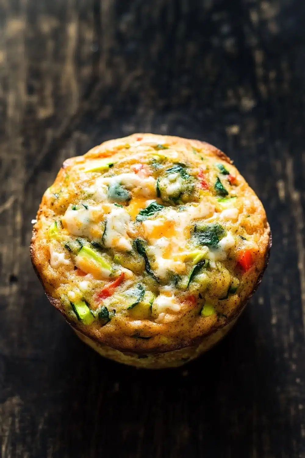 Protein veggie muffin - the image is a close-up of a round muffin on a dark wooden surface. the muffin appears to be freshly baked and has a golden brown crust. it is filled with a mixture of vegetables, including zucchini, red bell peppers, and green onions. the vegetables are scattered throughout the mixture, with some of them overlapping each other. the top of the muffin is covered in melted cheese, which is a light yellow color. the background is blurred, making the muffins the focal point of the image.