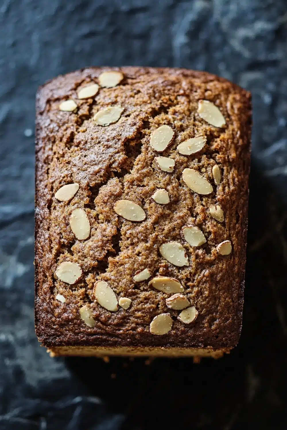 Pumpkin bread almond flour - the image is a close-up of a rectangular loaf of bread. the bread appears to be freshly baked and has a golden brown color. it is topped with sliced almonds, giving it a crunchy texture. the loaf is resting on a dark, textured surface, possibly a table or countertop. the overall mood of the image is warm and inviting.