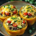 Quinoa stuffed bell peppers - the image shows three yellow bell peppers on a brown plate. the bell peppers are stuffed with quinoa, black beans, cherry tomatoes, and cilantro. the quinoa is a light brown color and the cherry tomatoes are bright red. the cilantro is a bright green color and is scattered on top of the quinoa. the plate is garnished with a sprig of parsley. the background is dark and out of focus, making the bell peppers the focal point of the image.