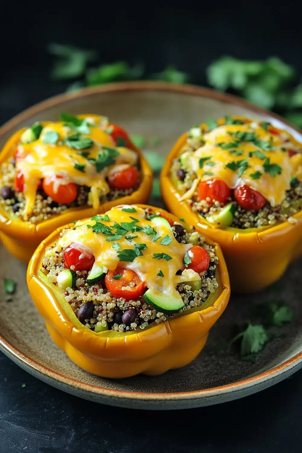 Quinoa stuffed bell peppers - the image shows three yellow bell peppers on a brown plate. the bell peppers are stuffed with quinoa, black beans, cherry tomatoes, and cilantro. the quinoa is a light brown color and the cherry tomatoes are bright red. the cilantro is a bright green color and is scattered on top of the quinoa. the plate is garnished with a sprig of parsley. the background is dark and out of focus, making the bell peppers the focal point of the image.