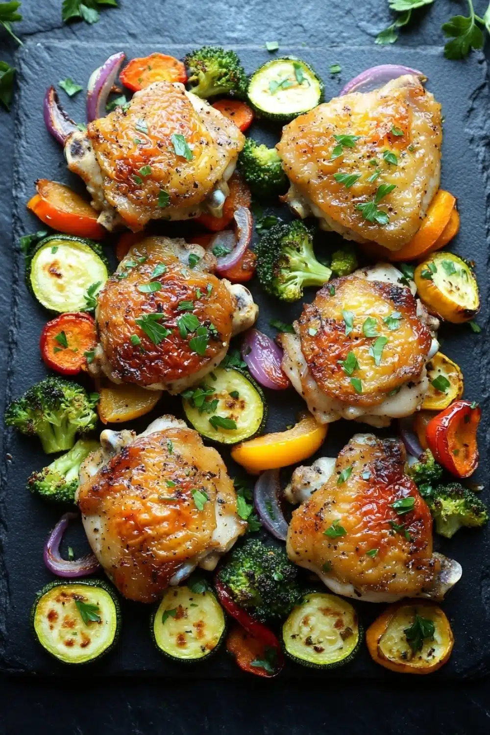 Sheet pan boneless skinless chicken thighs and vegetables - the image shows a tray of grilled chicken and vegetables. the chicken is golden brown and appears to be seasoned with herbs and spices. the vegetables are arranged in a circular pattern on the tray, with some overlapping each other. there are also small pieces of broccoli, zucchini, and red onions scattered throughout the tray. the tray is black and there are a few sprigs of parsley on the side. the overall presentation of the dish is colorful and appetizing.