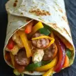 Sheet pan chicken and sausage and pepper wrap - the image shows a tortilla wrap filled with various ingredients. the wrap is rolled up and placed on a black slate surface. inside the wrap, there are sliced red, yellow, green, and orange bell peppers, as well as sliced chicken. the chicken appears to be cooked and has a golden brown color. the ingredients are arranged in a way that they are overlapping each other, creating a colorful and appetizing dish.