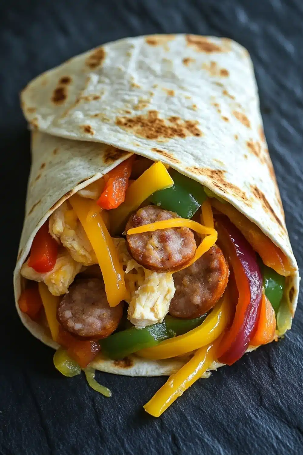 Sheet pan chicken and sausage and pepper wrap - the image shows a tortilla wrap filled with various ingredients. the wrap is rolled up and placed on a black slate surface. inside the wrap, there are sliced red, yellow, green, and orange bell peppers, as well as sliced chicken. the chicken appears to be cooked and has a golden brown color. the ingredients are arranged in a way that they are overlapping each other, creating a colorful and appetizing dish.