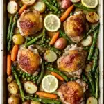 Sheet pan chicken with roasted spring vegetables - the image shows a rectangular baking tray filled with roasted chicken, asparagus, carrots, potatoes, and peas. the chicken is golden brown and appears to be seasoned with herbs and spices. the vegetables are arranged in a colorful and appetizing manner, with some of them overlapping each other. there are also slices of lemon scattered throughout the tray, adding a pop of color to the dish. the tray is sitting on a white marble countertop.