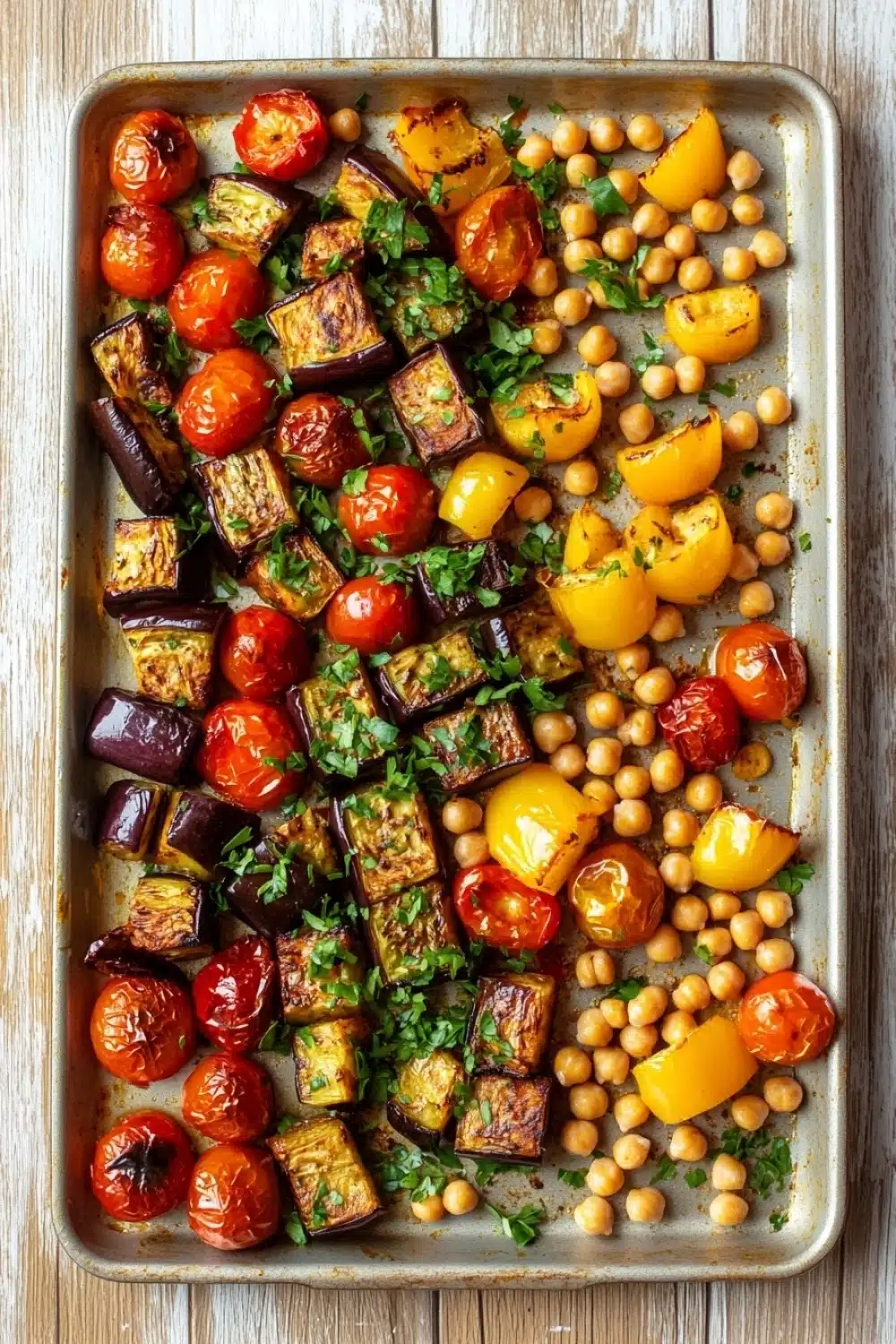 Sheet pan dinner eggplant - the image shows a rectangular baking tray filled with roasted vegetables. the vegetables are arranged in a single layer on the tray, with some of them overlapping each other. the tray is lined with parchment paper and is placed on a wooden table. the vegetables appear to be grilled eggplant, cherry tomatoes, and yellow bell peppers. the eggplant is cut into small cubes and is garnished with chopped parsley. the cherry tomatoes are bright red and appear to have been roasted to perfection, while the bell peppers are yellow and have a slightly charred texture. the chickpeas are scattered throughout the tray in a pile, adding a pop of color to the dish. the overall appearance of the dish is colorful and appetizing.