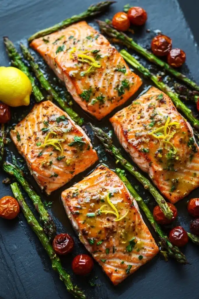 Sheet pan lemon brown butter salmon - the image shows three pieces of salmon fillets on a black slate plate. the salmon is cooked to a golden brown color and is garnished with herbs and lemon zest. the plate is also decorated with cherry tomatoes and asparagus spears. there is a lemon wedge on the side of the plate, adding a pop of color to the dish. the overall presentation is elegant and appetizing.