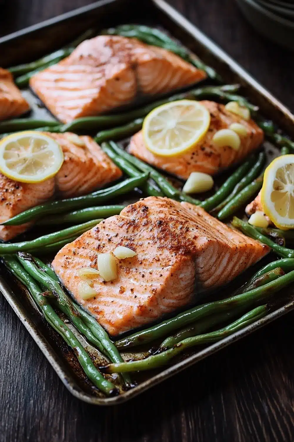 Sheet pan salmon green beans - the image shows a baking tray with four pieces of salmon and green beans. the salmon is cooked to a golden brown color and appears to be seasoned with herbs and spices. the green beans are long and slender, and they are arranged in a single layer on the tray. there are also slices of lemon on top of the salmon, adding a pop of color to the dish. the tray is placed on a wooden table, and there are a few plates visible in the background.