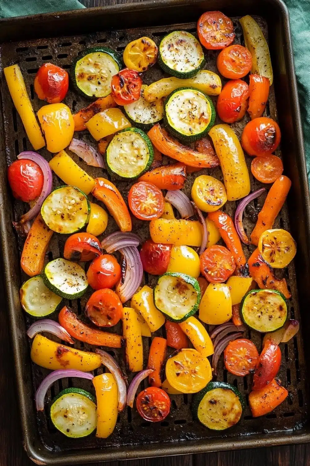 Sheet pan vegetables air fryer - the image shows a baking tray filled with roasted vegetables. the vegetables are arranged in a circular pattern on the tray, with some overlapping each other. the colors of the vegetables include yellow, orange, red, and green bell peppers, as well as sliced red onions. the tray is lined with parchment paper, and there is a green cloth napkin on the side. the background is a wooden table.