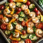 Shrimp sheet pan - the image shows a baking tray filled with shrimp and zucchini. the shrimp are cooked medium-sized and have a golden-brown color. they are arranged in a circular pattern on the tray, with some overlapping each other. the zucchinis are cut into small cubes and are garnished with fresh herbs. there are also small red and yellow bell peppers scattered throughout the dish. the tray is sitting on a wooden table, and there is a bowl of cherry tomatoes and a sprig of parsley on the side. the overall presentation of the dish is colorful and appetizing.