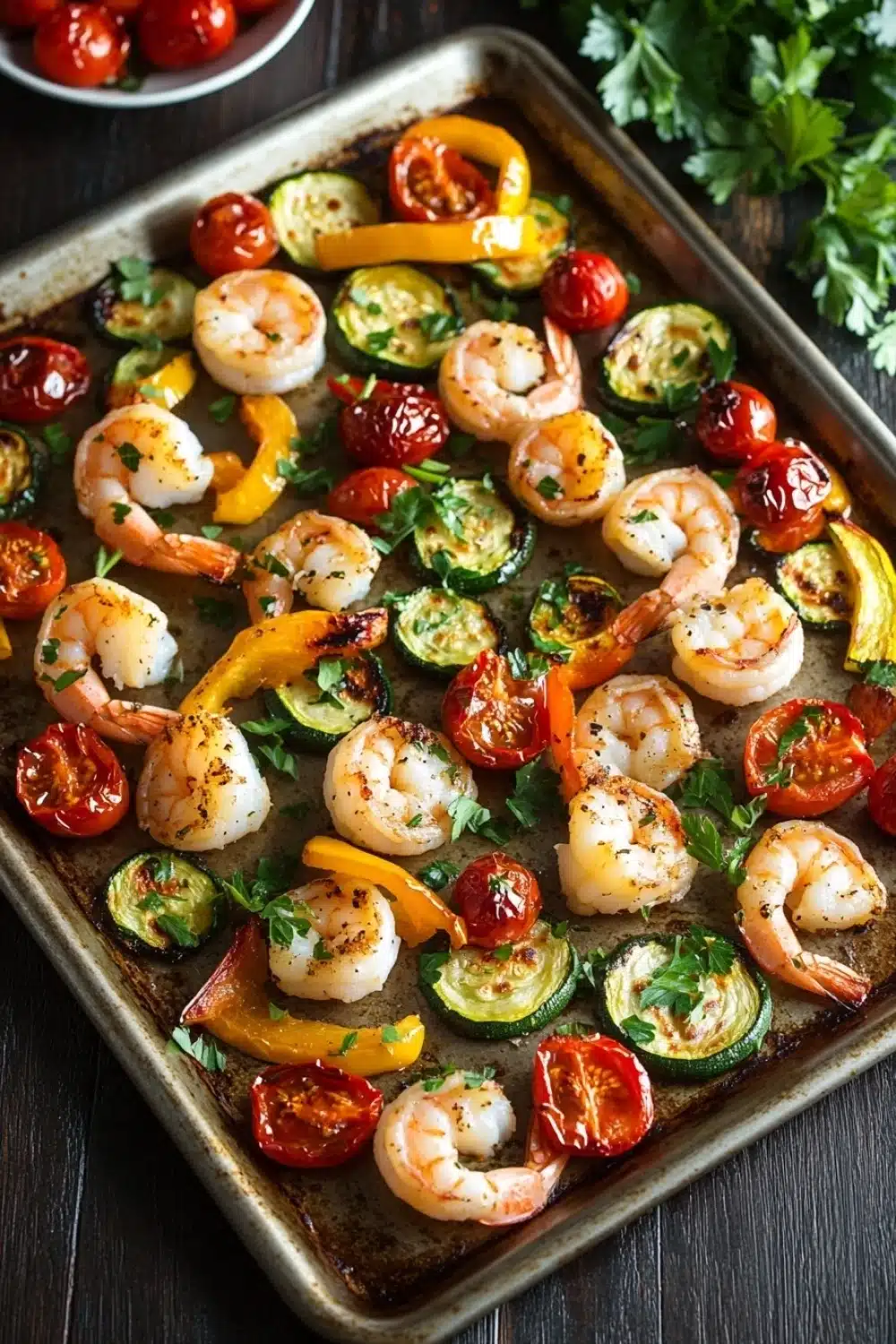 Shrimp sheet pan - the image shows a baking tray filled with shrimp and zucchini. the shrimp are cooked medium-sized and have a golden-brown color. they are arranged in a circular pattern on the tray, with some overlapping each other. the zucchinis are cut into small cubes and are garnished with fresh herbs. there are also small red and yellow bell peppers scattered throughout the dish. the tray is sitting on a wooden table, and there is a bowl of cherry tomatoes and a sprig of parsley on the side. the overall presentation of the dish is colorful and appetizing.