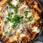 Skillet beef lasagna - the image shows a close-up of a dish in a black cast iron skillet. the dish appears to be a lasagna or lasagna, with layers of layers of meat and cheese on top. the meat is a rich, dark brown color, and the cheese is melted and bubbly. there are also a few sprigs of fresh parsley scattered on top, adding a pop of green color to the dish. the skillet is sitting on a white marble countertop.