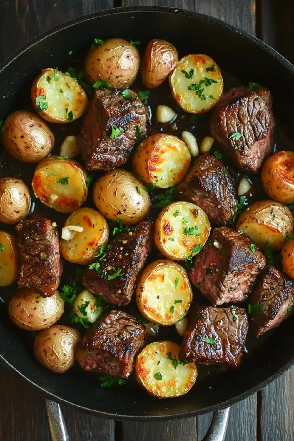 Skillet garlic steak bites and potatoes - the image shows a black cast iron skillet filled with cooked beef and potatoes. the beef appears to be medium-rare and has a dark brown color. the potatoes are golden brown and have a crispy texture. they are scattered throughout the skillet, with some of them overlapping each other. the skillet is sitting on a wooden table, and there are a few sprigs of parsley scattered around the edges. the overall appearance of the dish is savory and appetizing.