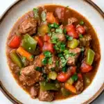 Slow cooker beef goulash - the image is a close-up of a bowl of beef stew. the bowl is made of ceramic and has a brown rim. the stew is a rich, dark brown color and is filled with chunks of beef, red and green bell peppers, and other vegetables. the beef appears to be cooked in a tomato-based sauce and is garnished with fresh herbs. the vegetables are cut into small cubes and are mixed in with the beef. the dish is served on a white marble countertop.