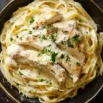Slow cooker chicken alfredo - the image shows a bowl of fettuccine alfredo, a type of italian pasta, on a wooden table. the pasta is cooked al dente and is covered in a creamy white sauce with chunks of chicken and parmesan cheese sprinkled on top. the dish is garnished with fresh parsley leaves. the bowl is made of dark wood and has a gold rim. the background is blurred, but it appears to be a rustic kitchen countertop.