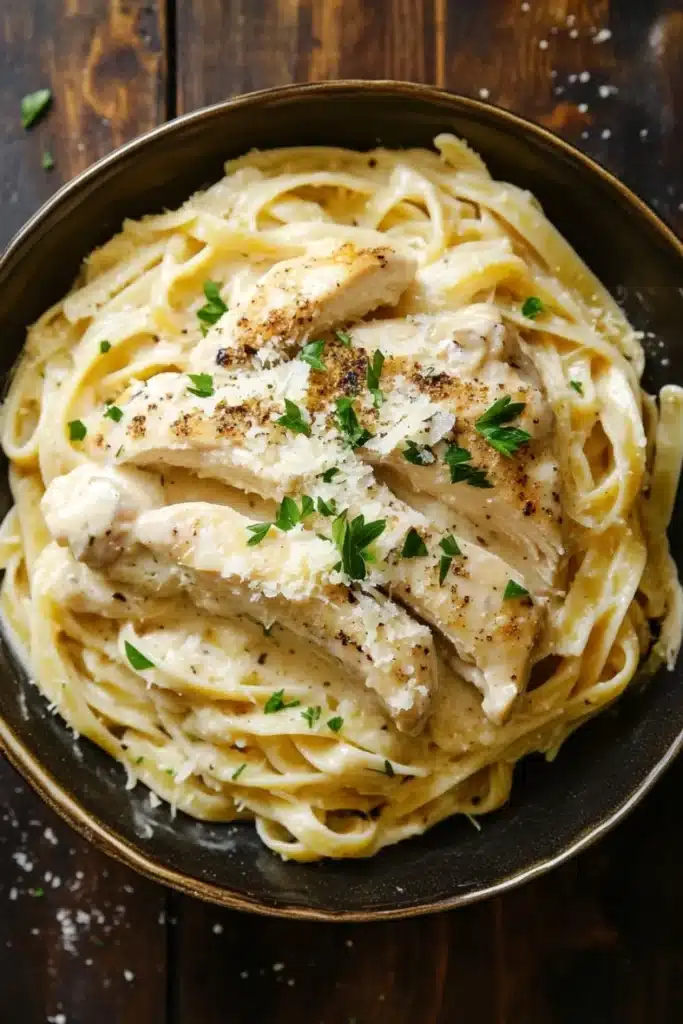 Slow cooker chicken alfredo - the image shows a bowl of fettuccine alfredo, a type of italian pasta, on a wooden table. the pasta is cooked al dente and is covered in a creamy white sauce with chunks of chicken and parmesan cheese sprinkled on top. the dish is garnished with fresh parsley leaves. the bowl is made of dark wood and has a gold rim. the background is blurred, but it appears to be a rustic kitchen countertop.