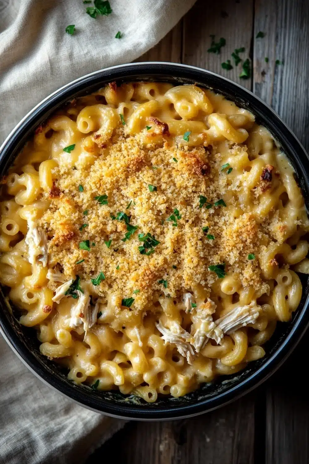 Slow cooker chicken mac and cheese - the image shows a black bowl filled with a creamy macaroni and cheese dish. the dish is topped with a layer of breadcrumbs and sprinkled with chopped parsley. the bowl is sitting on a wooden table with a white cloth napkin on the side. the macaronis are long and thin, and the cheese is a light yellow color. there are also chunks of chicken visible in the dish, which appears to be cooked until it is golden brown. the overall appearance of the dish is savory and appetizing.