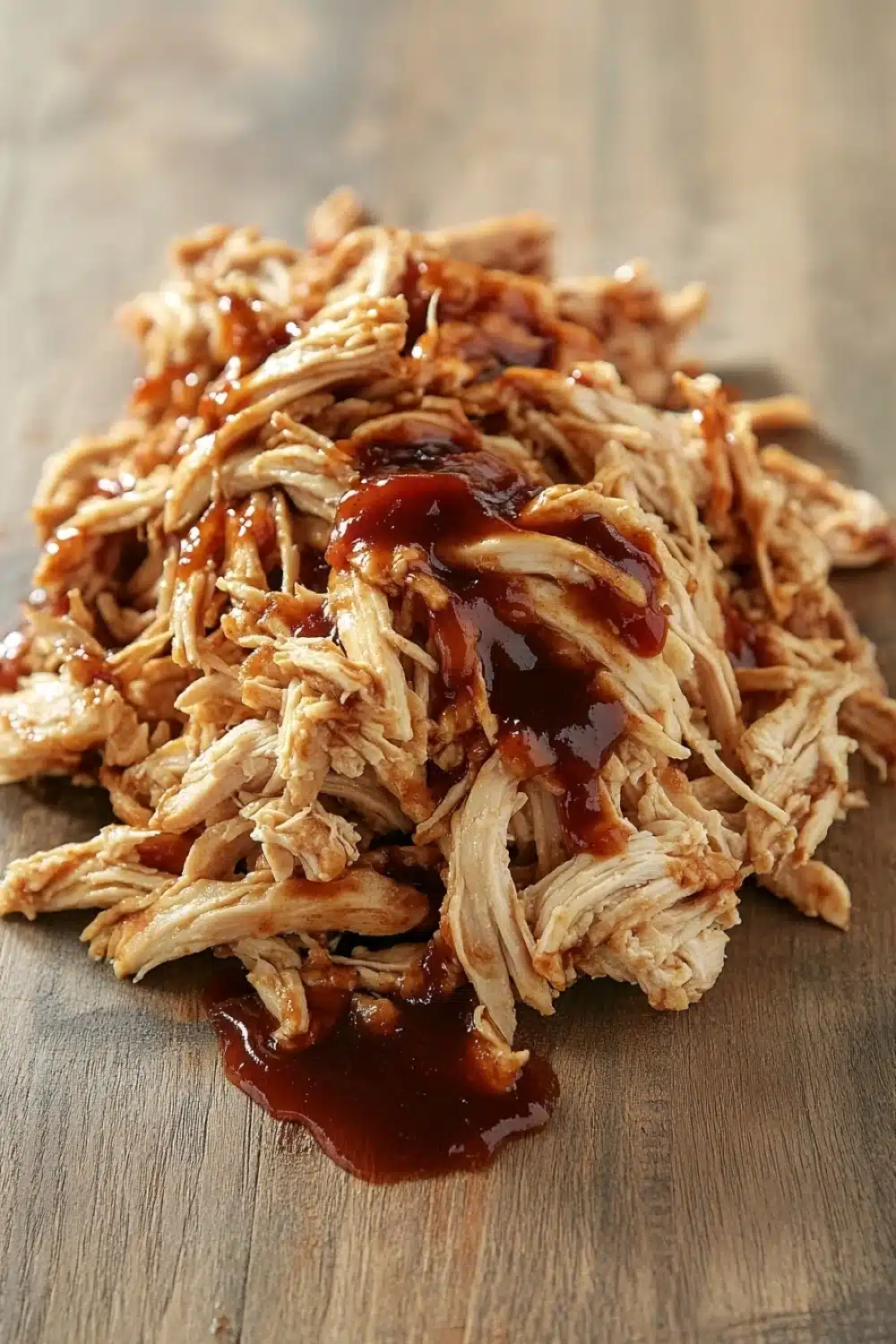 Slow cooker chicken pulled - the image shows a pile of shredded chicken on a wooden cutting board. the chicken appears to be cooked and has a golden brown color. it is covered in a thick, dark sauce that is dripping down the sides of the chicken. the sauce is thick and thick, and it looks like it would be a type of barbecue sauce. the cutting board has a light-colored wood grain pattern, and the background is blurred, making the chicken the focal point of the image.