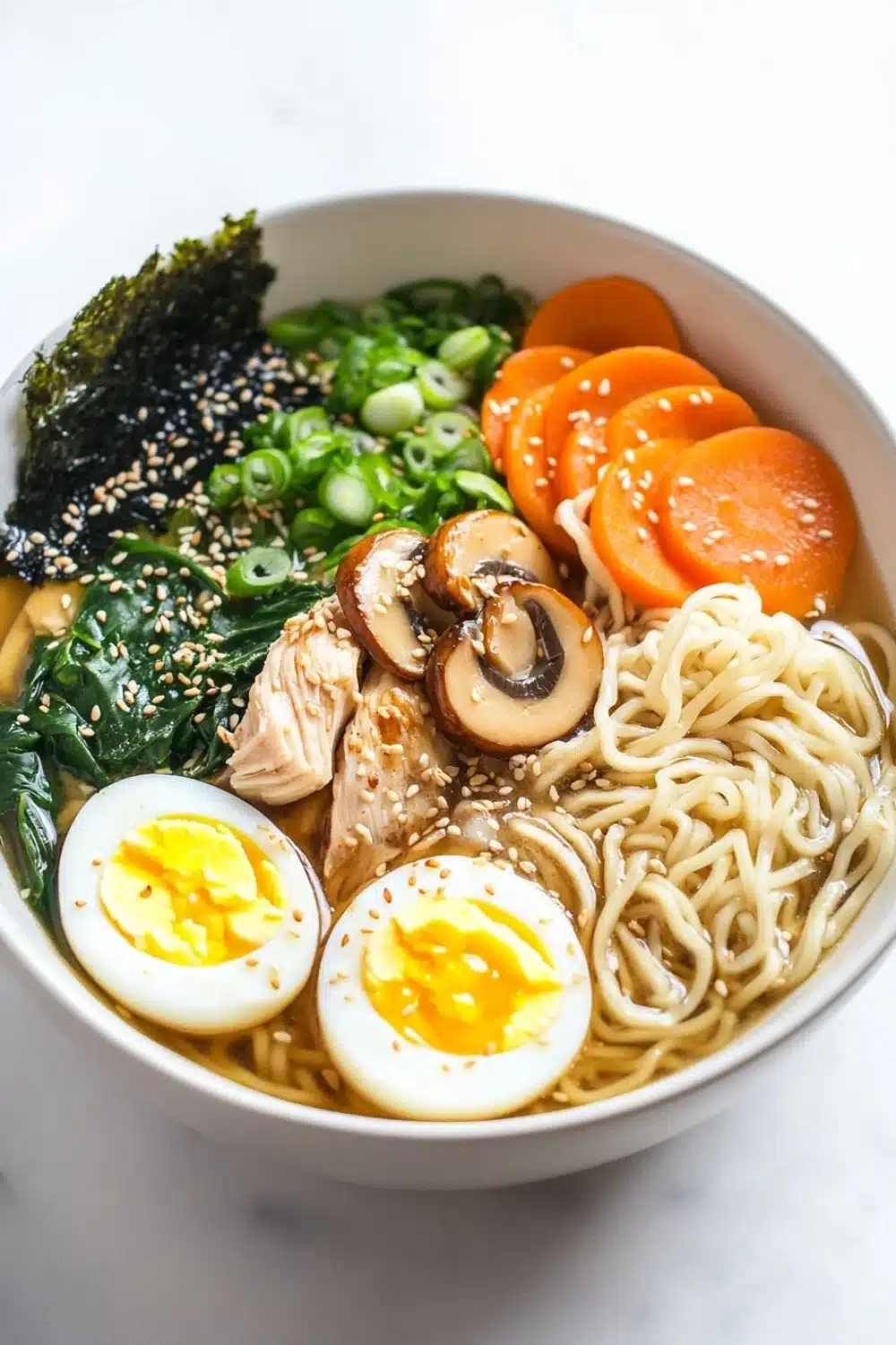 Slow cooker chicken ramen - the image is a close-up of a bowl of ramen. the bowl is white and is sitting on a white marble countertop. the ramen is made up of noodles, sliced carrots, sliced mushrooms, sliced chicken, sliced green onions, and a hard-boiled egg. the noodles are light brown and appear to be thick and fluffy. there are also some sesame seeds sprinkled on top of the noodles. the dish is garnished with a sprinkle of sesame seed.