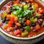 Slow cooker chili vegan - the image is a close-up of a bowl of chili. the bowl is made of ceramic and has a speckled pattern on the rim. the chili is a rich orange color and appears to be made with beans, tomatoes, and other vegetables. there are also chunks of green bell peppers and black beans scattered throughout the dish. on top of the chili, there is a sprig of fresh cilantro. the background is a dark blue tablecloth.