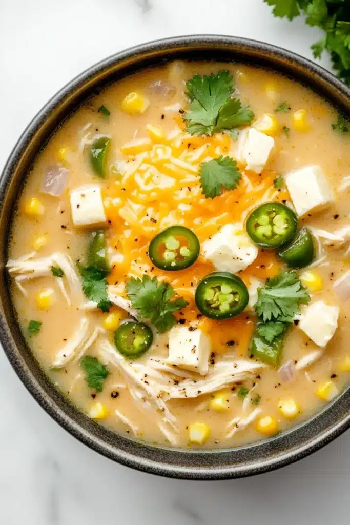 Slow cooker jalapeno popper chicken soup - the image is a close-up of a bowl of soup. the soup appears to be a creamy yellow color with chunks of chicken, corn, and jalapenos scattered throughout. the bowl is made of dark brown ceramic and is sitting on a white marble countertop. there are also a few sprigs of cilantro scattered around the bowl. the overall appearance of the soup is fresh and appetizing.