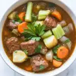 Slow cooker old fashion beef stew - the image is a close-up of a bowl of beef stew. the stew is a rich, dark brown color and appears to be thick and hearty. it is filled with chunks of beef, carrots, celery, onions, and potatoes. the beef is cooked to a medium-rare and is garnished with a sprig of fresh parsley. the bowl is white and is sitting on a white marble countertop.