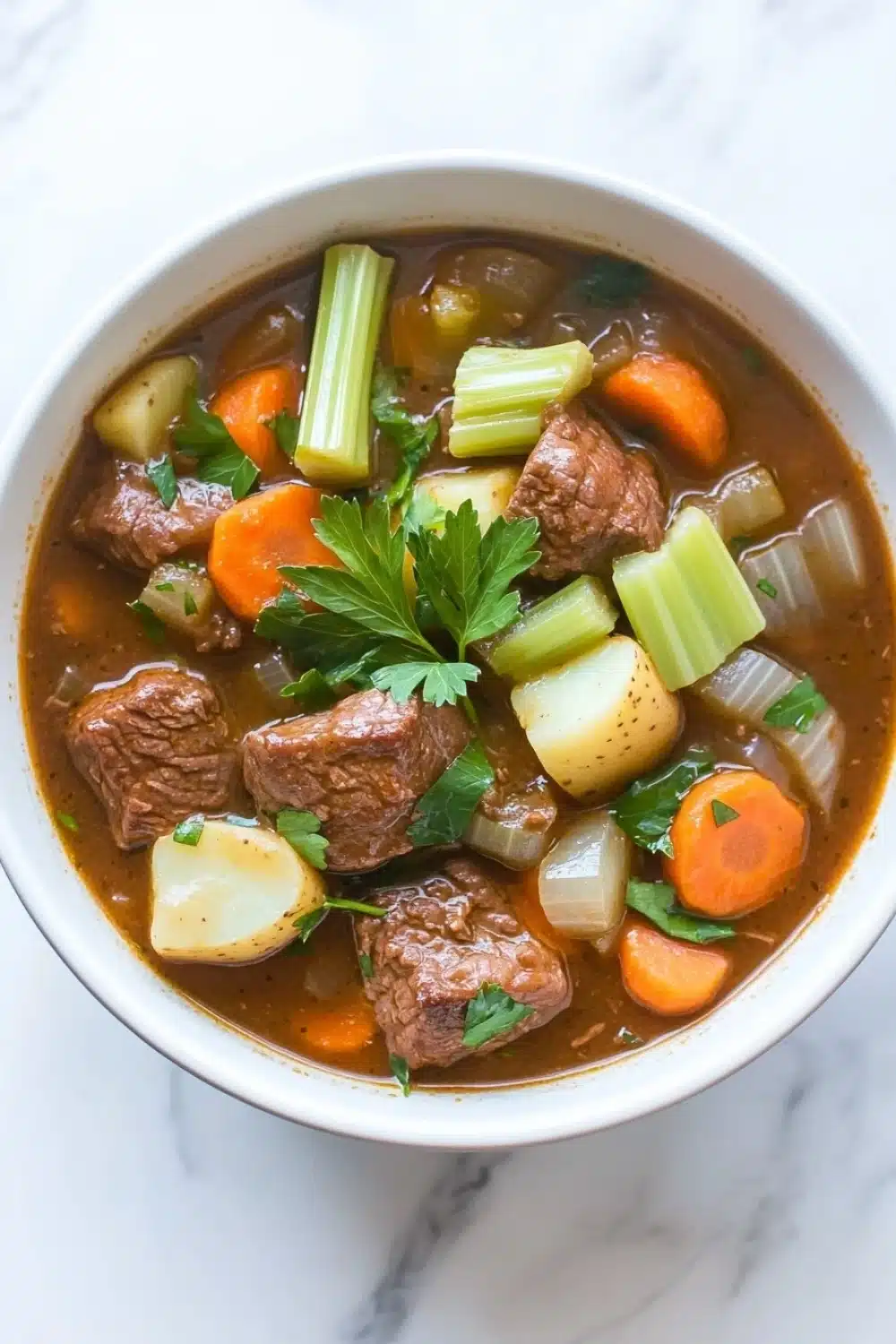 Slow cooker old fashion beef stew - the image is a close-up of a bowl of beef stew. the stew is a rich, dark brown color and appears to be thick and hearty. it is filled with chunks of beef, carrots, celery, onions, and potatoes. the beef is cooked to a medium-rare and is garnished with a sprig of fresh parsley. the bowl is white and is sitting on a white marble countertop.