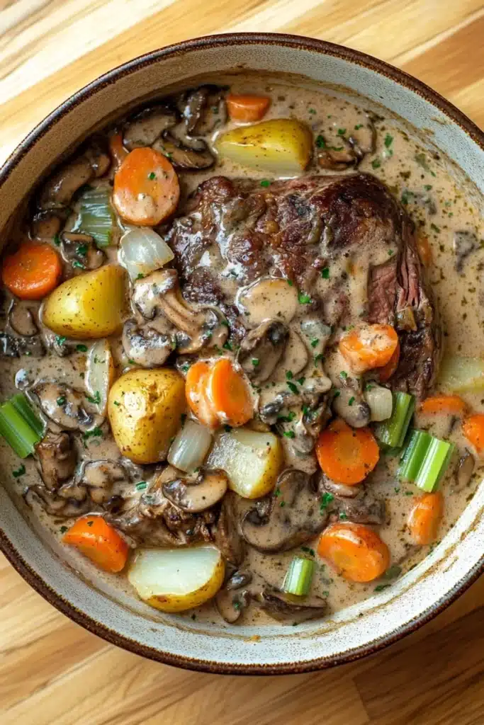 Slow cooker pot roast with cream of mushroom soup - the image is a close-up of a pot of beef stew. the pot is made of ceramic and has a brown rim. the stew is made up of chunks of beef, mushrooms, carrots, potatoes, and green onions. the beef is cooked medium-rare and appears to be seasoned with herbs and spices. the vegetables are cooked to a golden brown color and are arranged in a circular pattern around the beef. the broth is a creamy white color and is thick and thick. the dish is garnished with chopped green onions and herbs. the background is a wooden table.