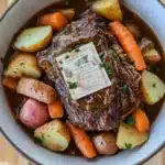 Slow cooker pot roast with ranch packet - the image is a close-up of a bowl of beef stew. the stew is made with chunks of beef, carrots, potatoes, and herbs. the beef is cooked medium-rare and appears to be seasoned with herbs and spices. the potatoes are cut into small cubes and are arranged in a pile on top of the beef. the carrots are bright orange and the potatoes are yellow. the dish is garnished with a sprig of parsley. the bowl is made of ceramic and is sitting on a wooden table.