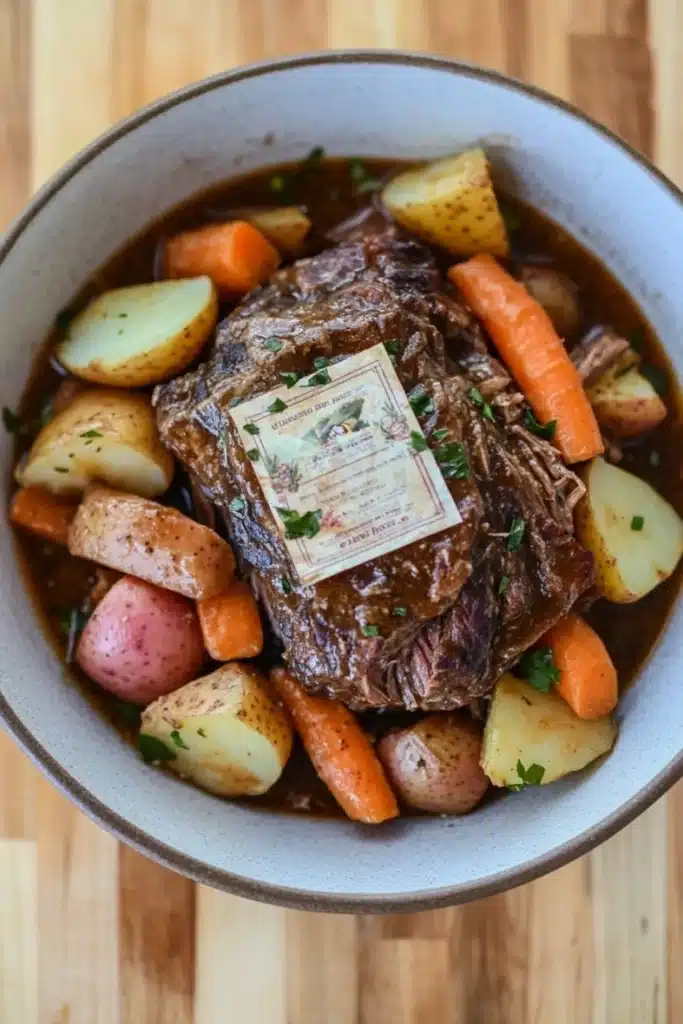 Slow cooker pot roast with ranch packet - the image is a close-up of a bowl of beef stew. the stew is made with chunks of beef, carrots, potatoes, and herbs. the beef is cooked medium-rare and appears to be seasoned with herbs and spices. the potatoes are cut into small cubes and are arranged in a pile on top of the beef. the carrots are bright orange and the potatoes are yellow. the dish is garnished with a sprig of parsley. the bowl is made of ceramic and is sitting on a wooden table.