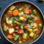 Slow cooker soup vegetarian - the image is a close-up of a bowl of soup on a dark blue background. the soup appears to be a vegetable soup with chunks of carrots, celery, corn, and other vegetables mixed in. the bowl is made of copper and is garnished with fresh parsley. there are also some green celery sticks and corn kernels scattered around the bowl. the overall color scheme of the image is warm and inviting.