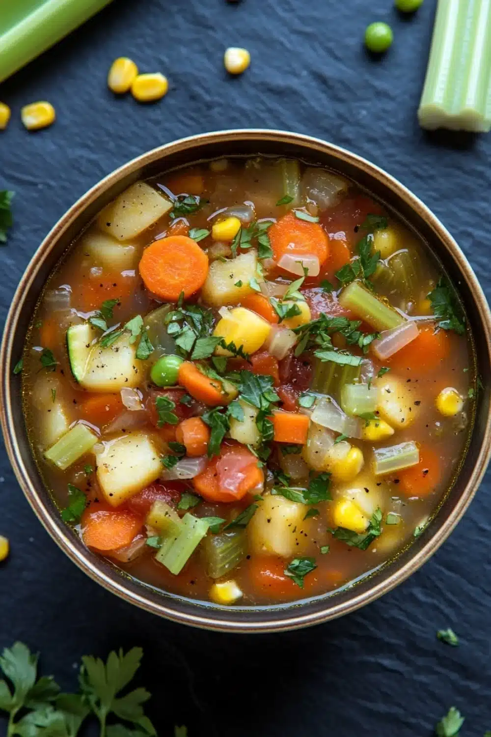 Slow cooker soup vegetarian - the image is a close-up of a bowl of soup on a dark blue background. the soup appears to be a vegetable soup with chunks of carrots, celery, corn, and other vegetables mixed in. the bowl is made of copper and is garnished with fresh parsley. there are also some green celery sticks and corn kernels scattered around the bowl. the overall color scheme of the image is warm and inviting.