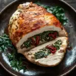 Stuffed chicken breast no cheese - the image shows a whole chicken breast on a black plate. the chicken breast is golden brown and appears to be seasoned with herbs and spices. it is cut in half, revealing the filling inside. the filling is made up of spinach and red sun-dried tomatoes. the plate is garnished with a sprig of parsley. the background is a rustic wooden table.