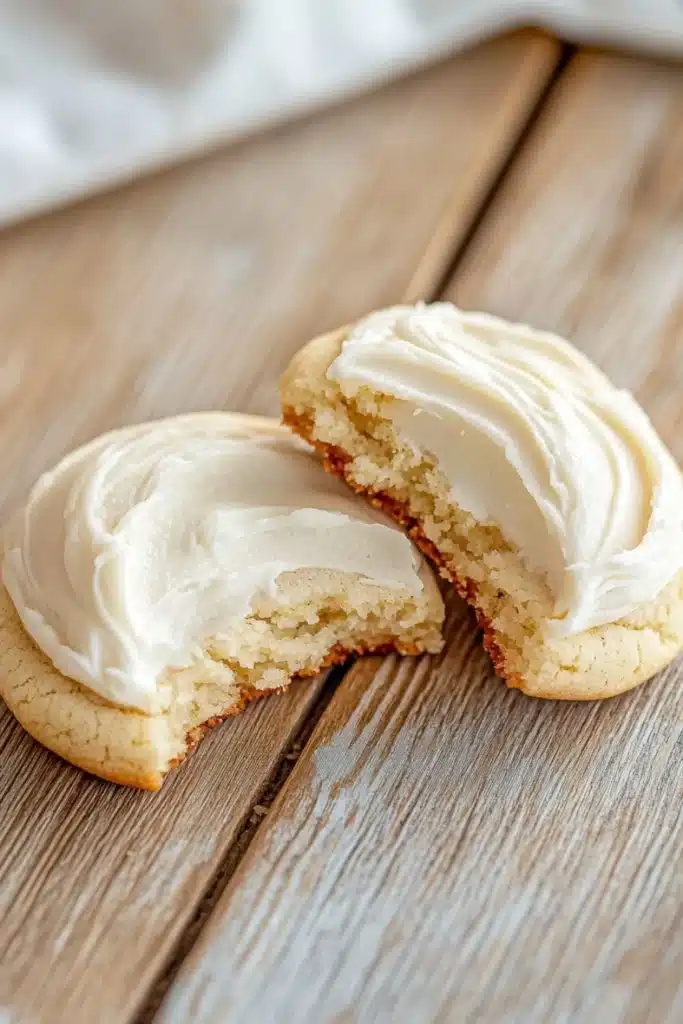 Sugar cookie and frosting - the image shows two cookies on a wooden table. the cookies are round and golden brown in color, with a light dusting of white frosting on top. one of the cookies has a bite taken out of it, revealing the soft, fluffy interior. the background is blurred, but it appears to be a kitchen countertop with a white cloth napkin on the side. the overall mood of the image is warm and inviting.