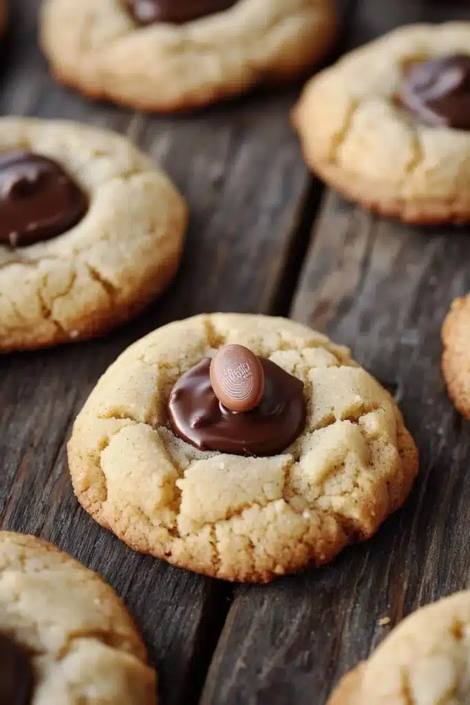 Sugar cookie kisses - the image shows a group of freshly baked cookies on a wooden surface. the cookies are round and golden brown in color, with a crumbly texture. they are arranged in a scattered manner, with some overlapping each other. in the center of the image, there is a single chocolate chip cookie with a bite taken out of it. the chocolate chip is covered in a thick layer of dark chocolate. the background is blurred, but it appears to be a rustic wooden table.