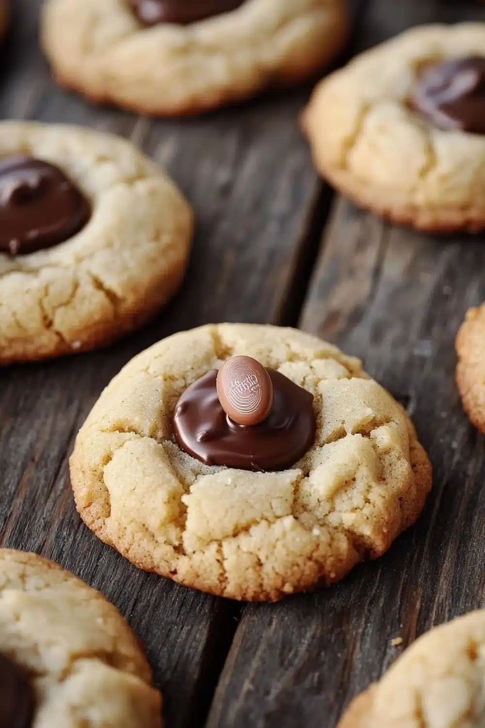 Sugar cookie kisses - the image shows a group of freshly baked cookies on a wooden surface. the cookies are round and golden brown in color, with a crumbly texture. they are arranged in a scattered manner, with some overlapping each other. in the center of the image, there is a single chocolate chip cookie with a bite taken out of it. the chocolate chip is covered in a thick layer of dark chocolate. the background is blurred, but it appears to be a rustic wooden table.