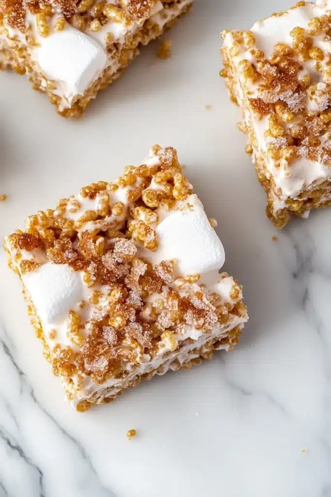 Sugar cookie rice crispy - the image shows three square-shaped dessert bars on a white marble surface. the bars are made with a layer of white chocolate and topped with a generous amount of crumbled granola. the granola is a light brown color and appears to be drizzled over the top of the bars. there are also a few small pieces of marshmallows scattered around the bars, adding a pop of color to the image.