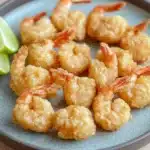 Trader joes shrimp tempura air fryer - the image shows a plate of cooked shrimp on a wooden table. the shrimp are golden brown and appear to be seasoned with herbs and spices. they are arranged in a circular pattern on the plate, with some of them overlapping each other. there are two lime wedges on the side of the plate. the plate is a light blue color with a textured surface. the background is blurred, but it appears to be a kitchen countertop.