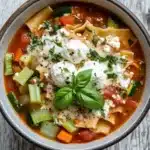 Vegetarian slow cooker lasagna soup - the image is a close-up of a bowl of soup on a wooden table. the soup appears to be a tomato-based broth with tortellini, chunks of carrots, celery, and other vegetables mixed in. on top of the soup, there is a dollop of sour cream and a sprig of fresh basil. the bowl is made of ceramic and has a brown rim. the background is blurred, but it seems to be an indoor setting with a rustic feel.