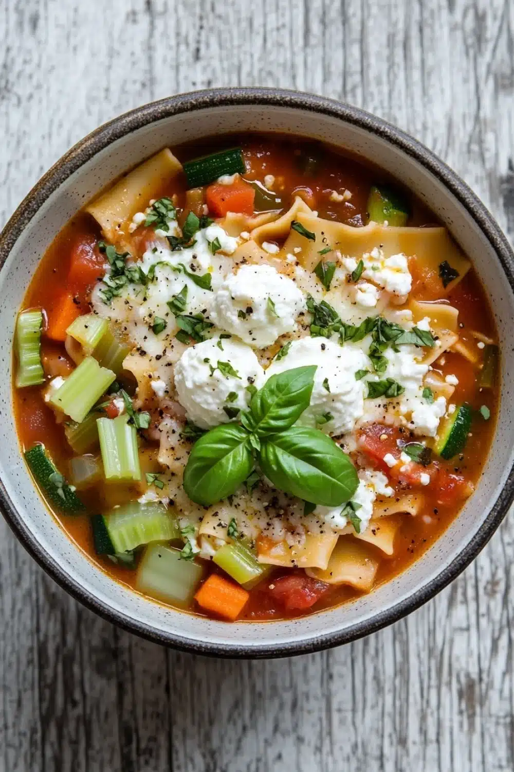 Vegetarian slow cooker lasagna soup - the image is a close-up of a bowl of soup on a wooden table. the soup appears to be a tomato-based broth with tortellini, chunks of carrots, celery, and other vegetables mixed in. on top of the soup, there is a dollop of sour cream and a sprig of fresh basil. the bowl is made of ceramic and has a brown rim. the background is blurred, but it seems to be an indoor setting with a rustic feel.