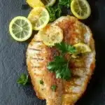 Whole tilapia in the air fryer - the image shows a piece of fish fillet on a black slate plate. the fillet is golden brown and appears to be seasoned with herbs and spices. it is garnished with sliced lemons and a sprig of parsley. the plate is arranged in a way that the fish is facing towards the right side of the image. the background is dark, making the fish stand out.
