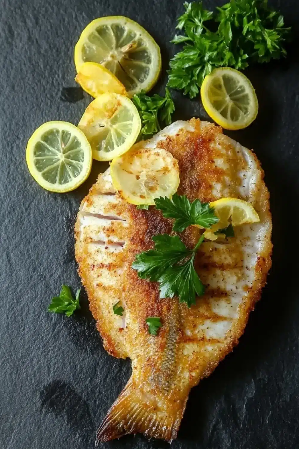 Whole tilapia in the air fryer - the image shows a piece of fish fillet on a black slate plate. the fillet is golden brown and appears to be seasoned with herbs and spices. it is garnished with sliced lemons and a sprig of parsley. the plate is arranged in a way that the fish is facing towards the right side of the image. the background is dark, making the fish stand out.